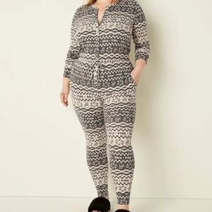 PINK Victoria's Secret Gray Cream Logo Pattern Thermal Drawstring Onesie Large